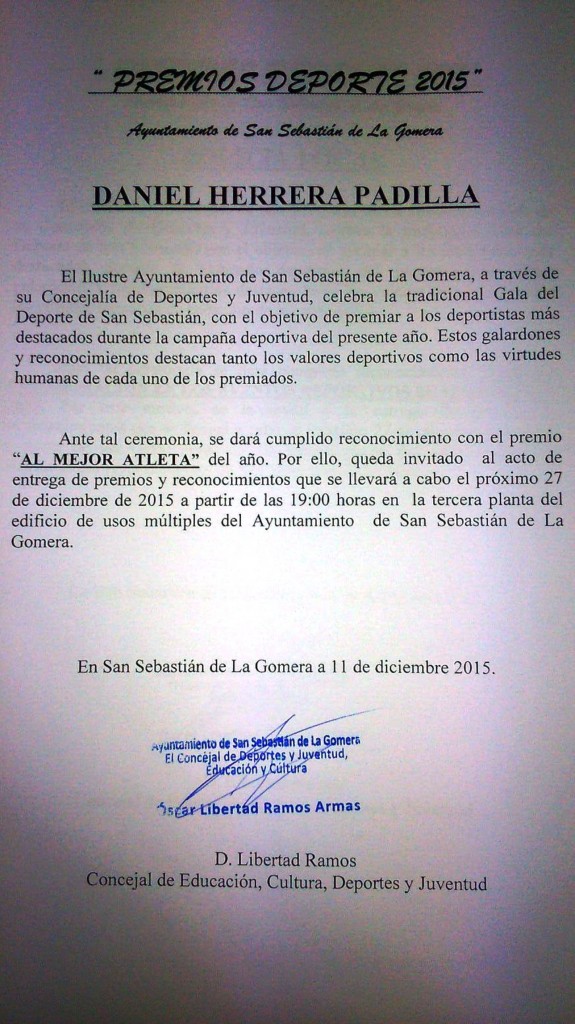 "Daniel Herrera Padilla nominado y elegido mejor atleta del año 2015"